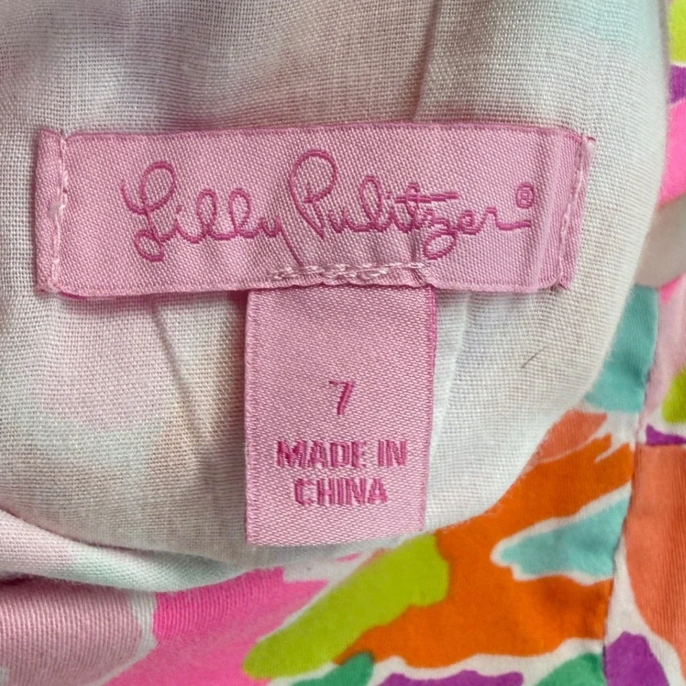 Lilly Pulitzer Girls Pink Green Flamingo Palm Shift Dress Tassel Hem Size 7